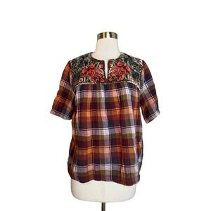 Johnny Was Workshop Top Small Brown Gauzy Plaid Embroidered Short Sleeve